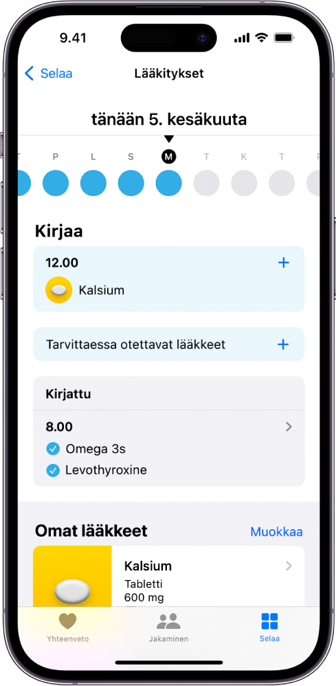 Terveys-apin Lääkkeet-näyttö, jossa näkyvät lääkkeiden päivämäärät ja kirjaukset.