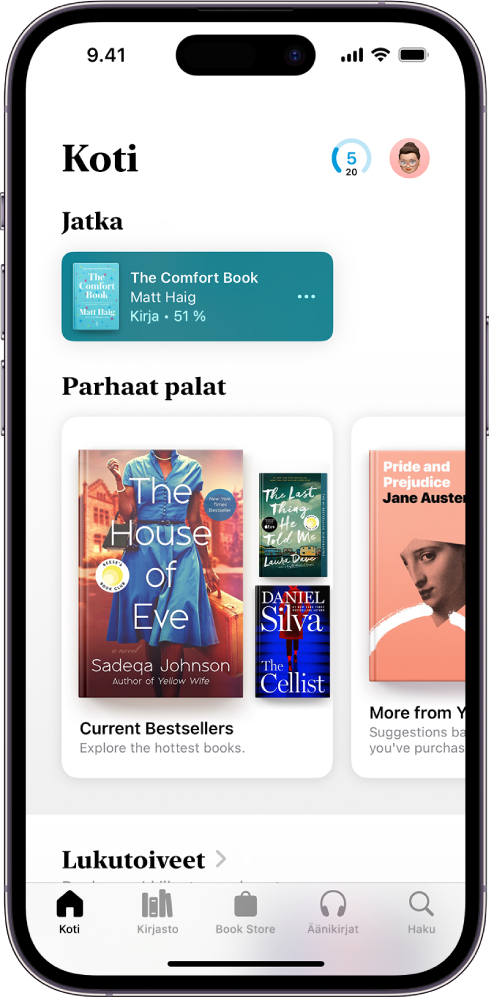 Koti-välilehti Kirjat-apissa. Näytön alareunassa vasemmalta oikealle ovat seuraavat välilehdet: Koti, Kirjasto, Book Store, Äänikirjat ja Haku. Koti-välilehti on valittuna.