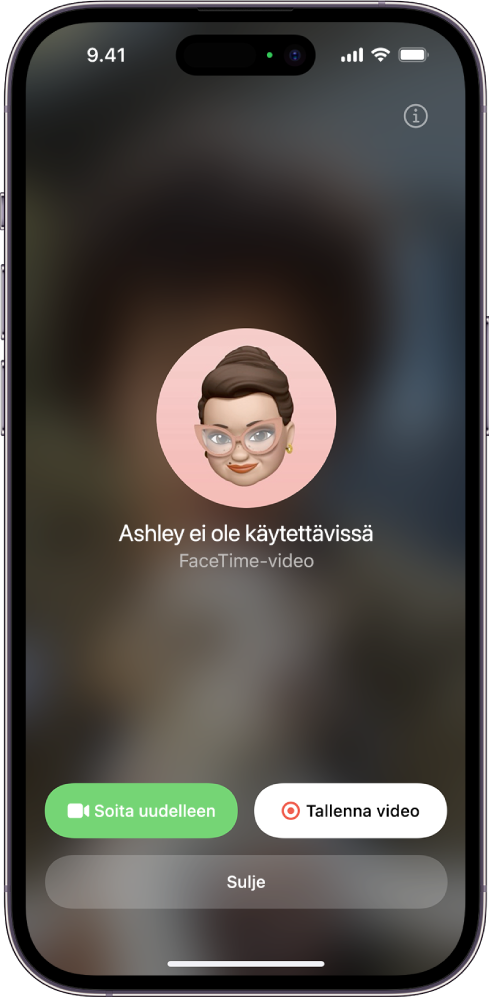 FaceTime-puhelun näyttö, jossa näkyy, ettei henkilö ole tavoitettavissa. Näytön alareunassa ovat Soita uudelleen- ja Tallenna video ‑painikkeet.