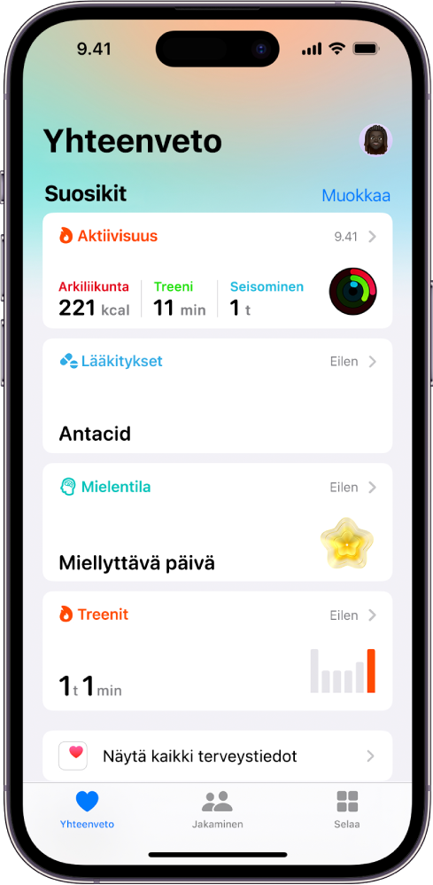 Terveys-apin Yhteenveto-näyttö. Tietoa aktiivisuudesta, lääkkeistä, mielentilasta ja harjoituksista näytetään kohdassa Suosikit.