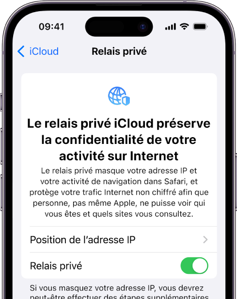 L’écran Réglages pour activer ou désactiver « Relais privé iCloud ».