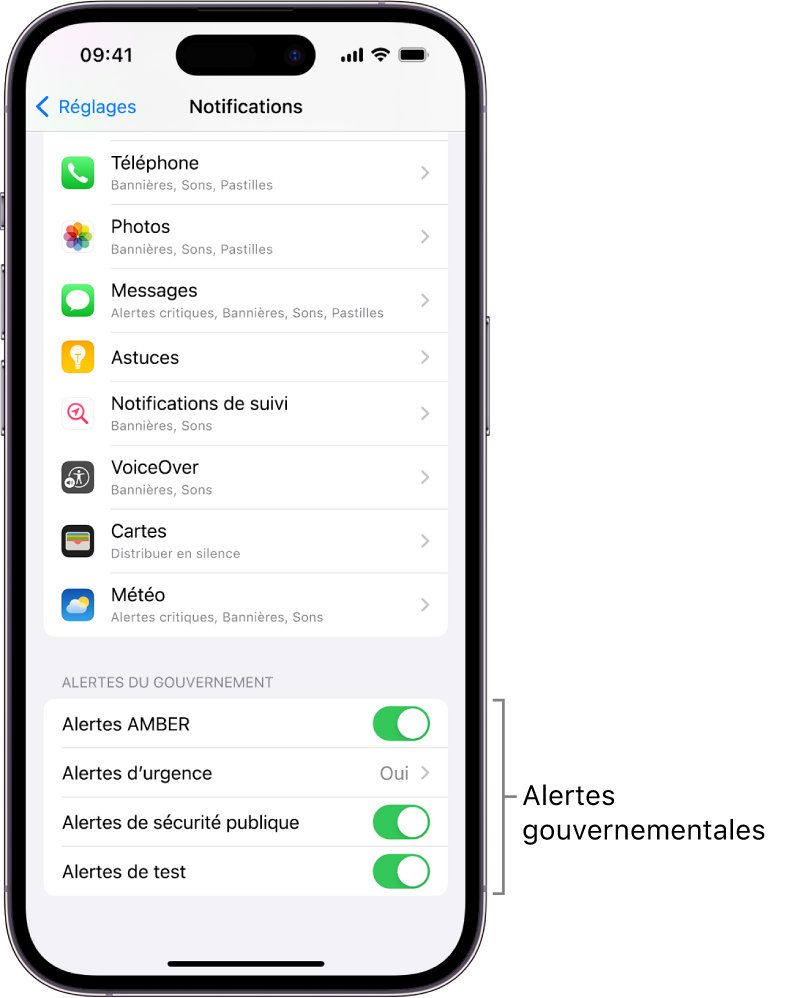 L’écran Notifications, affichant les alertes gouvernementales que vous pouvez recevoir si vous les activez.