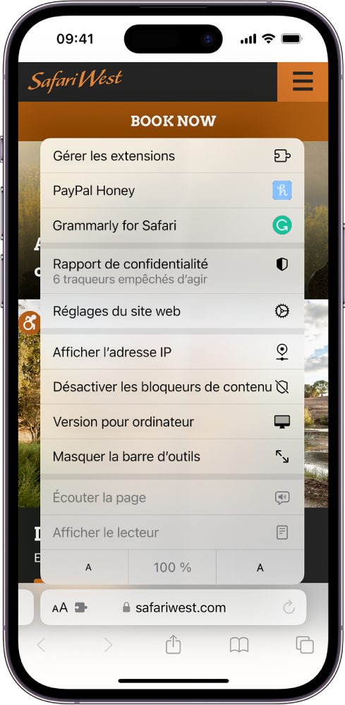 Le menu « Réglages de la page » est ouvert. Au-dessus se trouve l’option « Gérer les extensions », suivie les extensions installées.