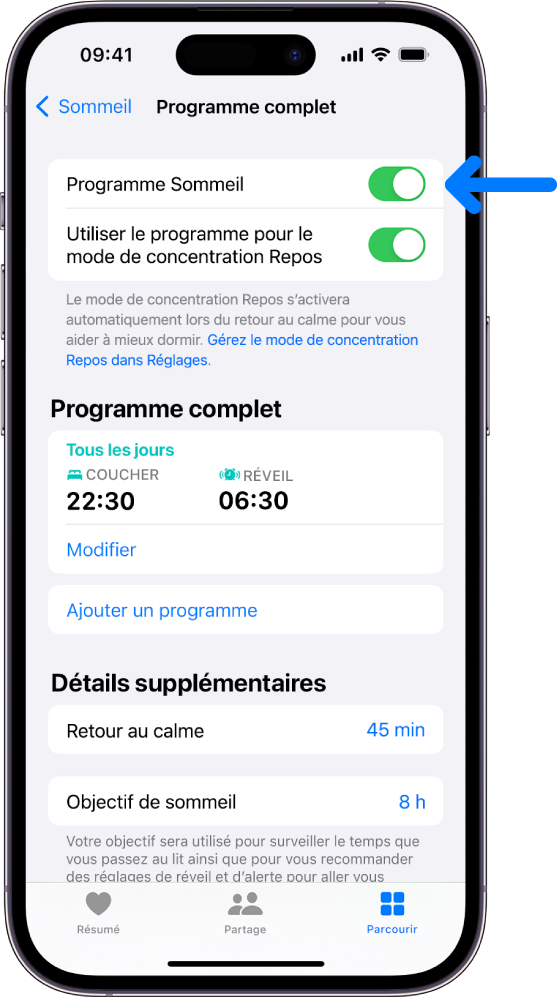 L’écran de sommeil « Programme complet » dans Santé avec l’option « Programme Sommeil » activée en haut.