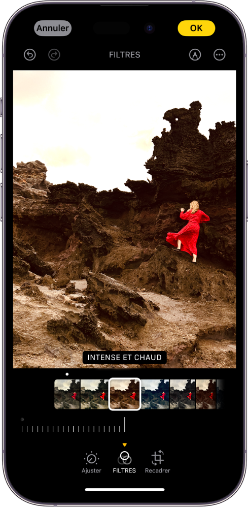 L’écran Modifier avec une photo au centre. En bas de l’écran, de gauche à droite, se trouvent les boutons Ajuster, Filtres et Recadrer. Le bouton Filtres est sélectionné et un curseur permet de régler l’intensité du filtre. Le bouton Annuler se trouve en haut à gauche de l’écran. Le bouton OK, quant à lui, se trouve en haut à droite de l’écran. En outre, en haut de l’écran, de gauche à droite, se trouvent les boutons Annuler, Rétablir, Filtres, Annoter et Modules.