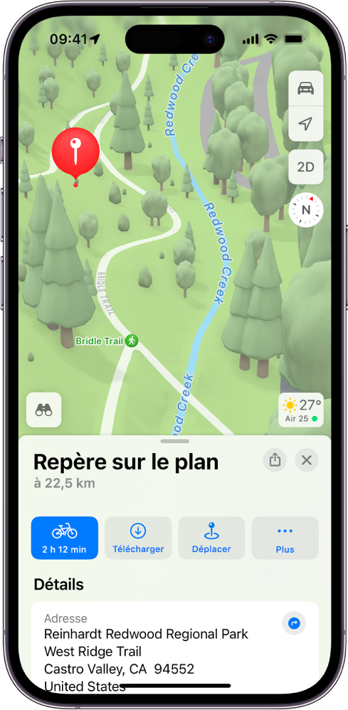 Plan sur lequel un repère a été déposé dans un parc. La fiche comprend des boutons permettant d’obtenir un itinéraire vers le repère, de télécharger un plan des environs ou de déplacer le repère.