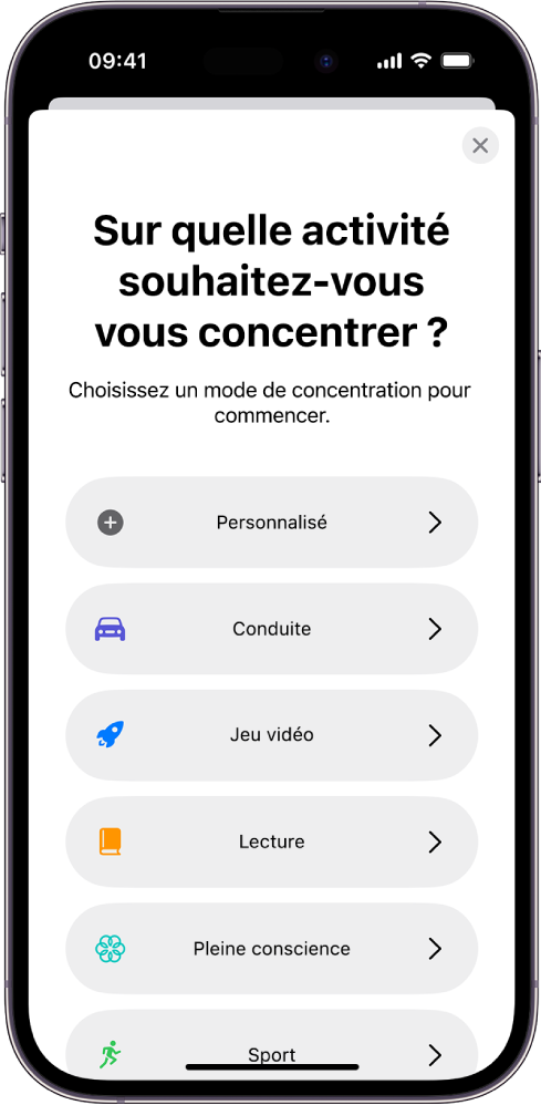 Écran de configuration de Concentration pour l’une des options de concentration fournies supplémentaires, y compris Personnalisé, Conduite, Sport, Jeu vidéo, Pleine conscience et Lecture.