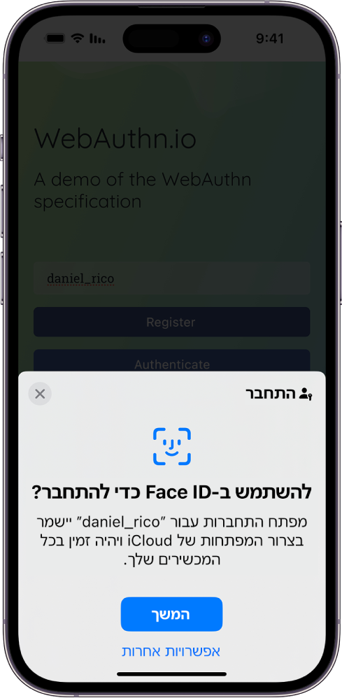 מסך התחברות המופיע כאשר מפתח התחברות נשמר עבור החשבון. בתחתית המסך מופיעים הכפתורים ״המשך״ ו״אפשרויות אחרות״.