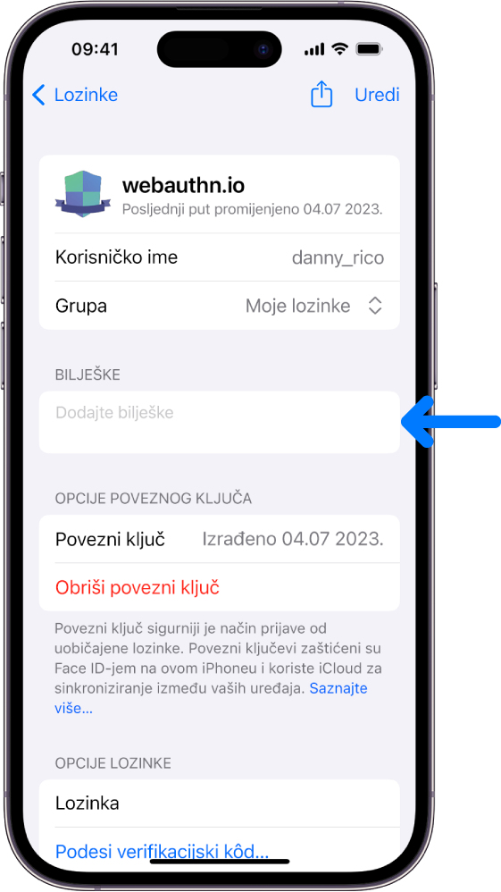 Zaslon poveznog ključa u iCloud privjesku ključeva, s informacijama o poveznom ključu i mjesto za dodavanje i pregled bilješki.