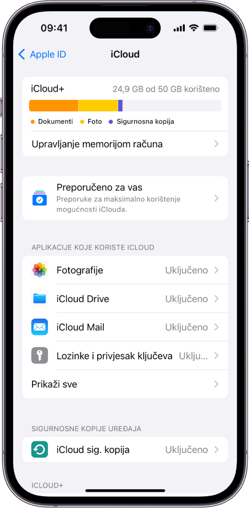 Na zaslonu postavki za iCloud prikazuje se mjerač kapaciteta iClouda i popis aplikacija i značajki, uključujući Foto, iCloud Drive i iCloud e-mail, koji se mogu upotrebljavati uz iCloud.