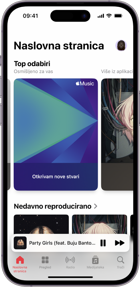 Zaslon Naslovna stranica prikazuje Top odabire na vrhu. Možete povući ulijevo ili udesno za prikaz više glazbe odabrane za vas. Nedavno reproducirano pojavljuje se ispod.