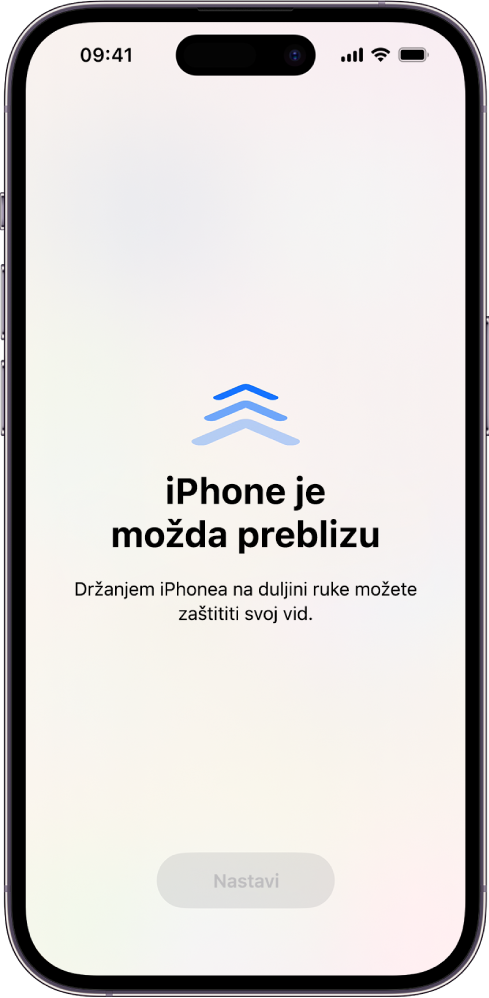 Zaslon s upozorenjem da iPhone držite preblizu i trebali biste ga odmaknuti radi zaštite vida. Upozorenje prekriva zaslon, sprječavajući vas da nastavite. Tipka Nastavi postaje aktivna kada iPhone odmaknete na sigurnu udaljenost.