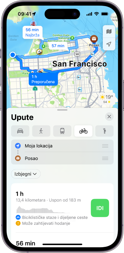 Karta prikazuje opcije biciklističke rute. Kartica rute na dnu sadrži detalje, uključujući procijenjeno vrijeme putovanja, promjene nadmorske visine i vrste cesta. Tipka Idi prikazuje se s desne strane detalja.