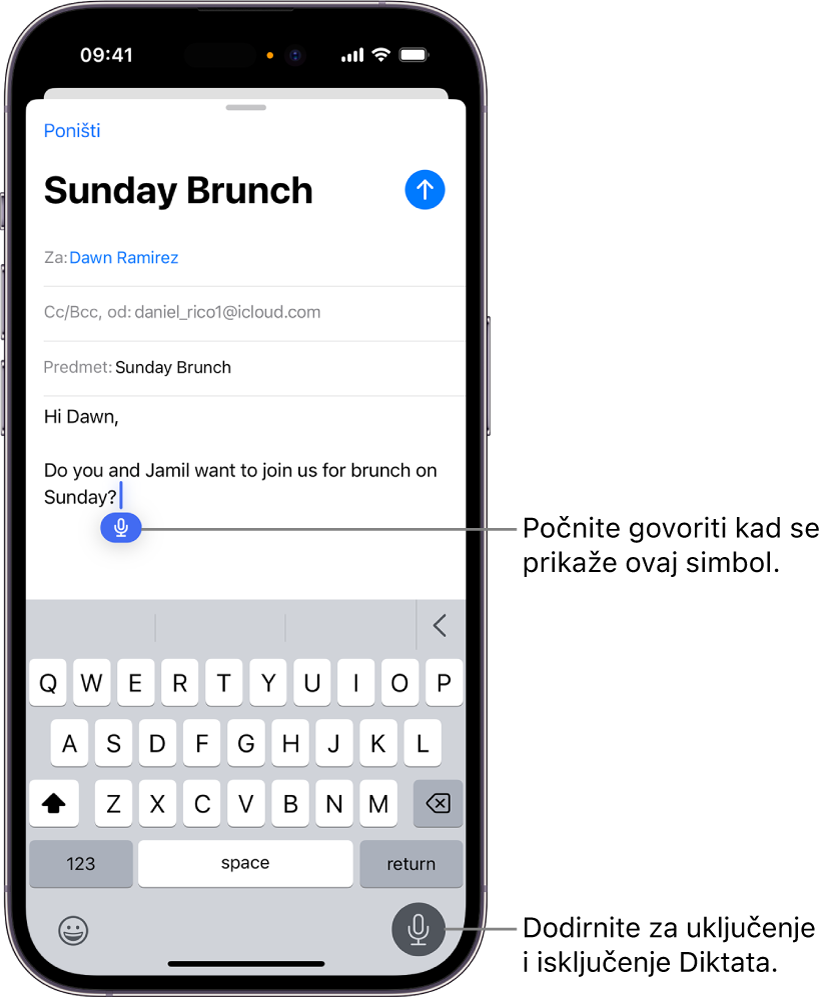 Zaslonska tipkovnica otvorena je u aplikaciji Mail. Odabrana je tipka Diktat u donjem desnom kutu zaslona i tipka Diktat pojavljuje se ispod mjesta za umetanje u tekstualnom polju.