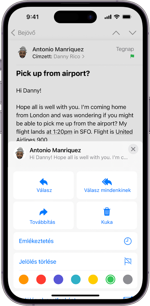 Egy e-mailen a válaszadási lehetőségek látható a képernyő alsó felén, többek közt a Jelölés törlése gomb és a jelzők színének kiválasztási lehetőségei.
