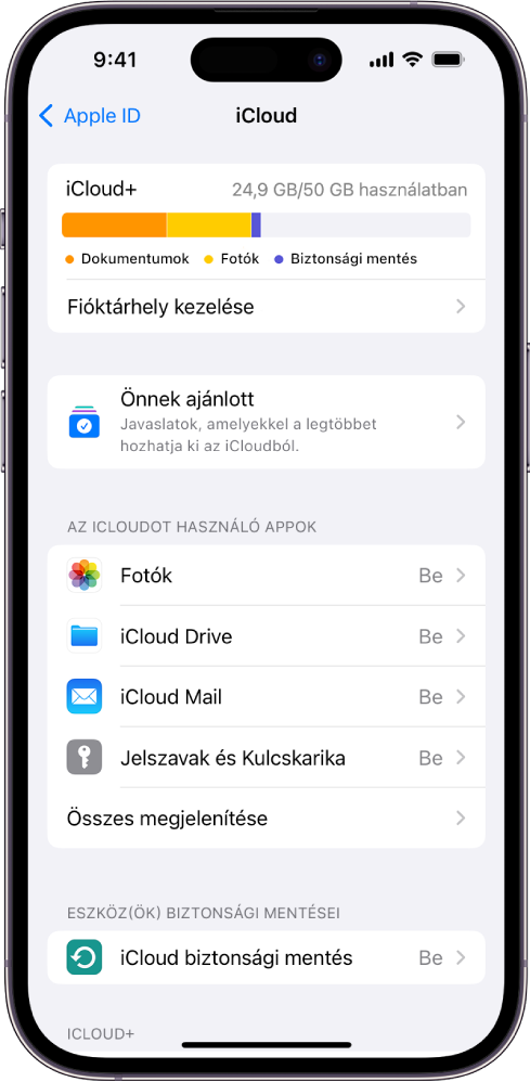 Az iCloud-beállítások képernyője, amelyen az iCloud-tárhely foglaltságmérője, valamint az iClouddal használható szolgáltatások listája látható (pl. a Fotók, az iCloud Drive és az iCloud biztonsági mentés).