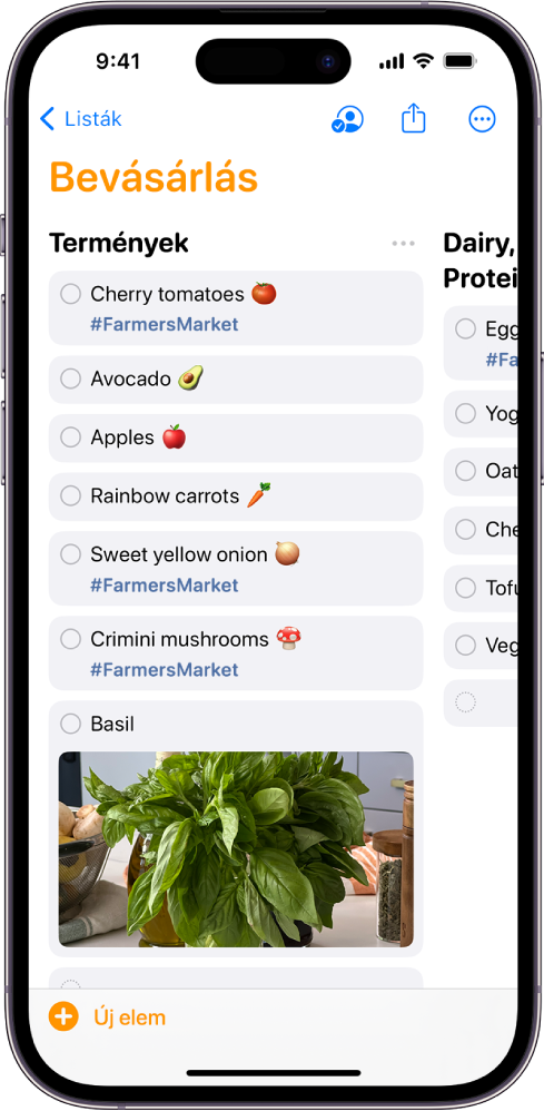Egy bevásárlólista az Emlékeztetők appban. A lista függőleges oszlopokra van felosztva.