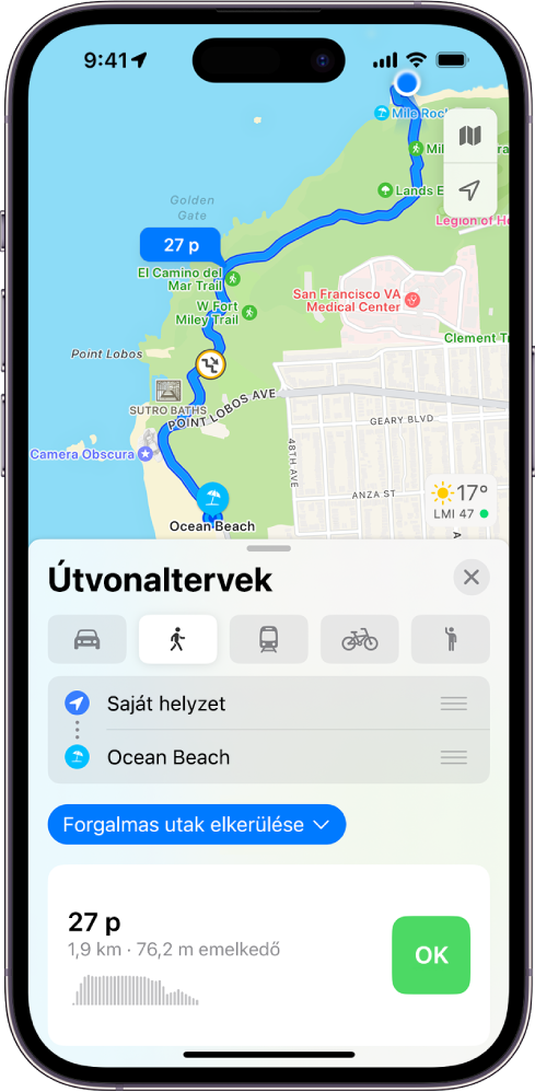 Térkép gyalogos útvonallal. Az alul megjelenő útvonalkártya az útvonal részleteit jeleníti meg, többek között a becsült utazási időt és a szintemelkedés-különbségeket. Egy Indulás gomb jelenik meg a részletek mellett.