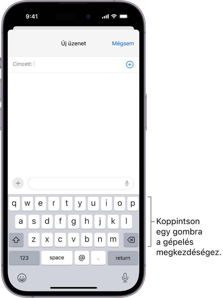Egy üres e-mail van megnyitva a Mail appban. A képernyő alsó felén a képernyő-billentyűzet látható.