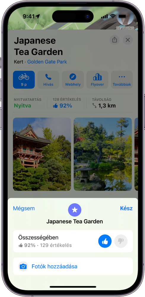 Egy helykártya egy hely általános értékelésével, egy kiválasztott hüvelykujj-értékeléssel és egy fotók hozzáadására szolgáló gombbal.