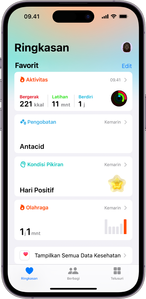 Layar Ringkasan di Kesehatan. Informasi mengenai aktivitas, pengobatan, kondisi pikiran, dan olahraga muncul di bawah Favorit.