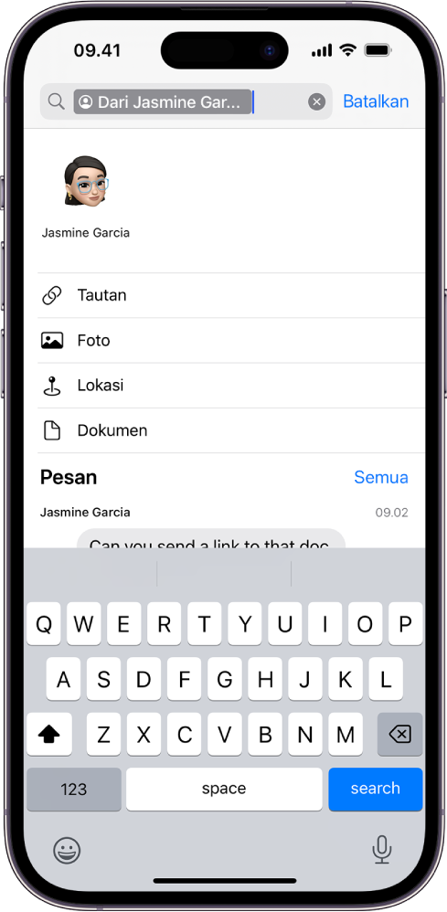 Bidang pencarian di app Pesan. Bidang pencarian berisi label yang membatasi pencarian ke pesan dari satu orang. Label lainnya untuk ditambahkan ke bidang pencarian—Tautan, Foto, Lokasi, dan Dokumen—muncul sebagai pilihan.