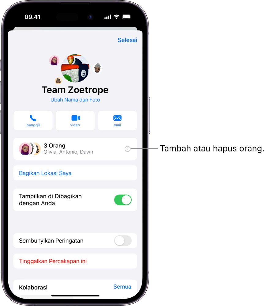 Detail percakapan untuk grup.