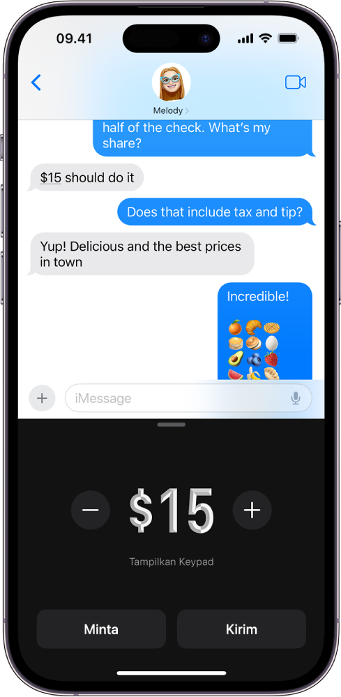 Percakapan iMessage dengan Apple Pay dibuka di bagian bawah.