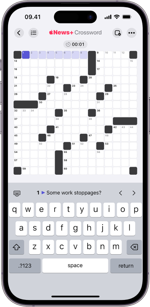 Puzzle teka-teki silang yang belum terisi, dengan kontrol di atas dan di bawahnya, serta papan ketik yang terbuka di bagian bawah.