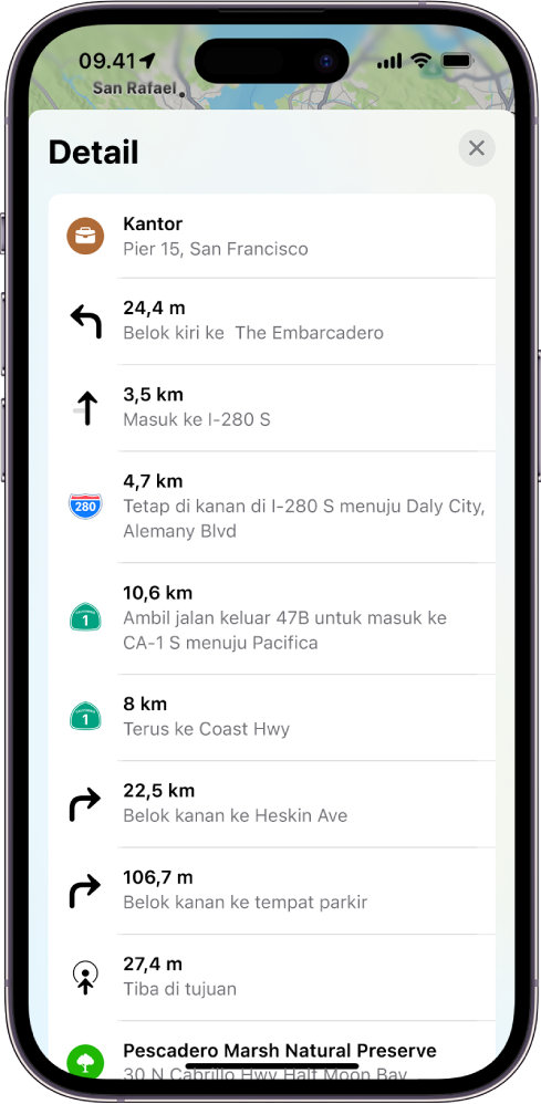 Petunjuk arah belokan demi belokan rute ditampilkan di daftar.