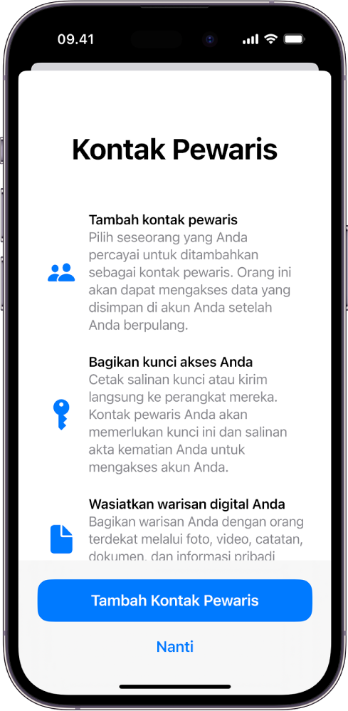 Layar Kontak Pewaris dengan informasi mengenai fitur. Tombol Tambah Kontak Pewaris ada di bawah.