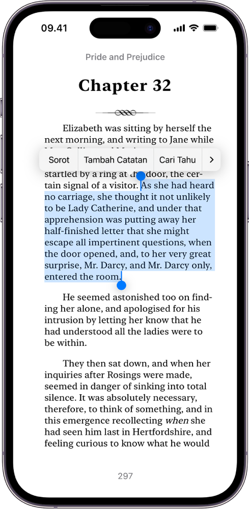 Halaman buku di app Buku, dengan bagian teks halaman yang dipilih. Kontrol Sorotan, Tambah Catatan, dan Terjemahkan berada di atas teks yang dipilih.