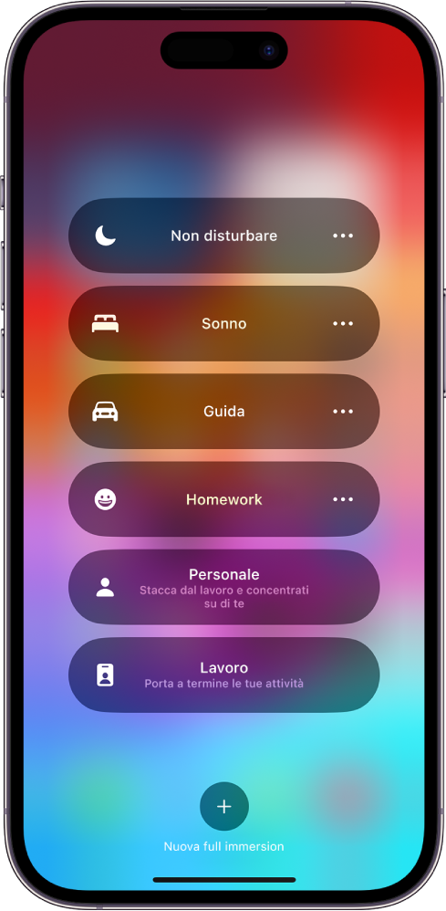 Centro di Controllo che mostra le opzioni delle full immersion, con pulsanti per impostarne la durata.