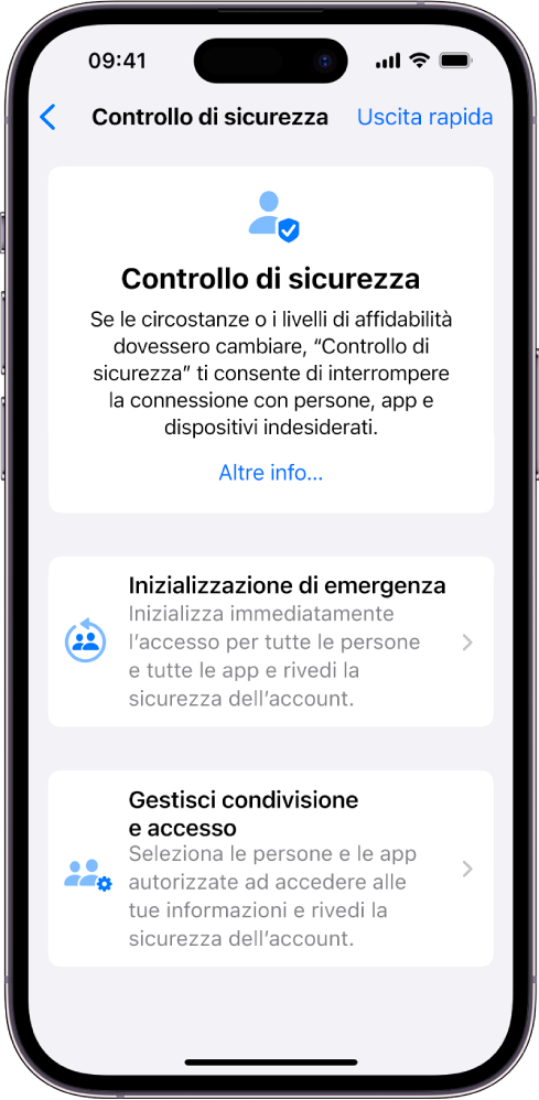 La schermata di “Controllo di sicurezza” con le informazioni sulla funzionalità e i pulsanti “Inizializzazione di emergenza” e “Gestisci condivisione e accesso”.