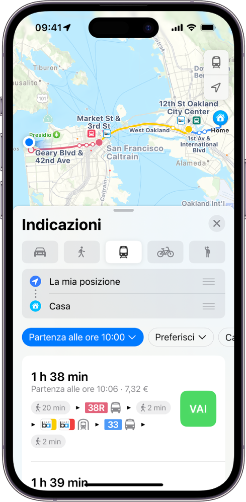 Una mappa che mostra un percorso con i mezzi pubblici. La scheda dell’itinerario in basso contiene dettagli del percorso, inclusi tempo stimato e il costo complessivo. Il pulsante Vai viene mostrato a destra dei dettagli.