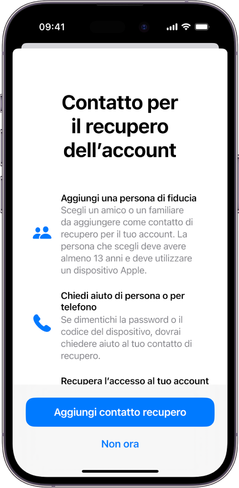 La schermata “Contatto per il recupero dell’account” con le informazioni sulla funzionalità. Il pulsante “Aggiungi un contatto di recupero” si trova nella parte inferiore della schermata