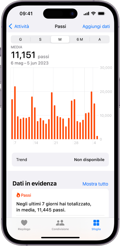 La schermata Passi che mostra una media settimanale per varie settimane.