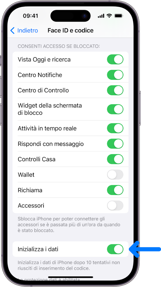 L’opzione “Inizializza i dati”, nella parte inferiore della schermata “Face ID e codice” in Impostazioni.