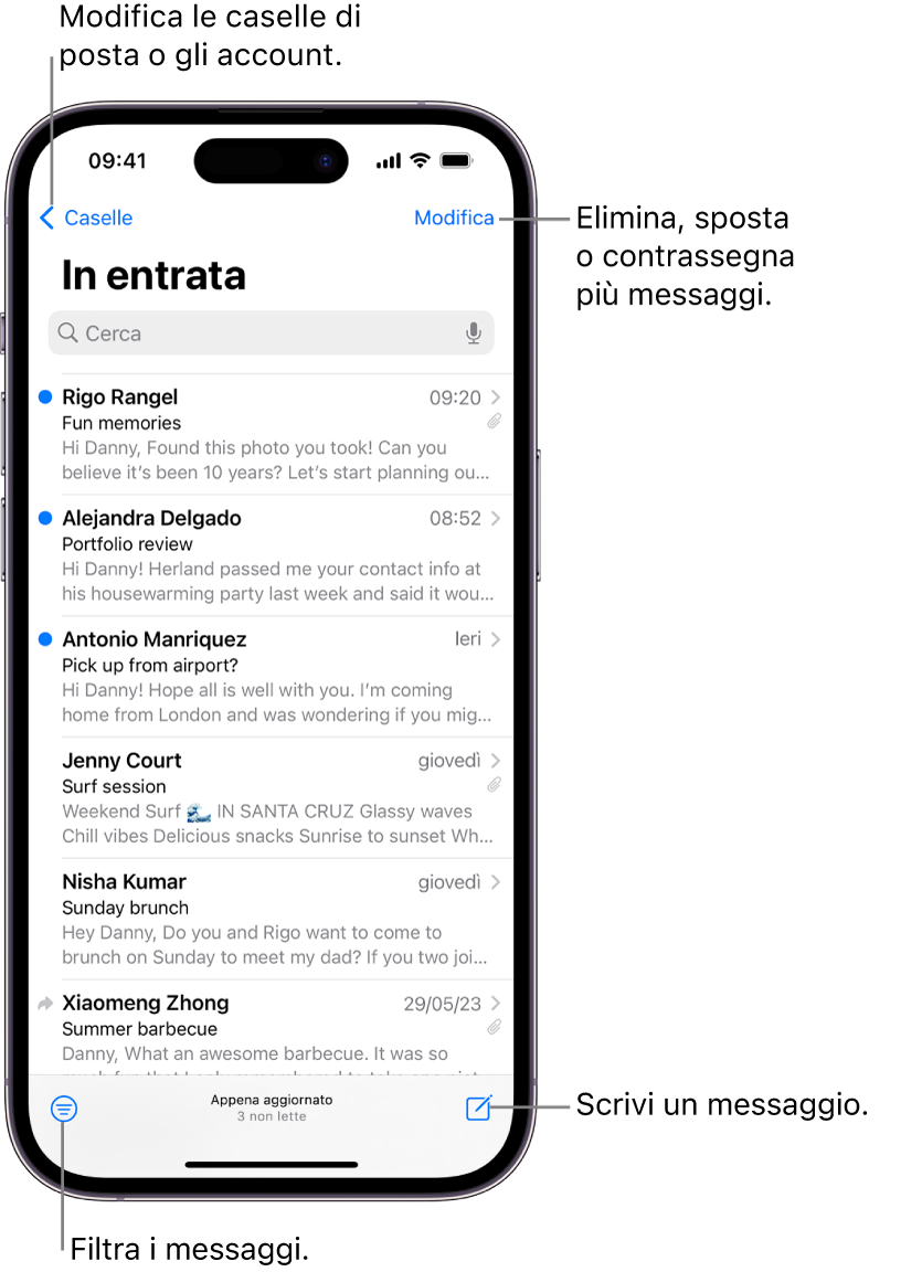 La casella Entrata di Mail che mostra un elenco di email.