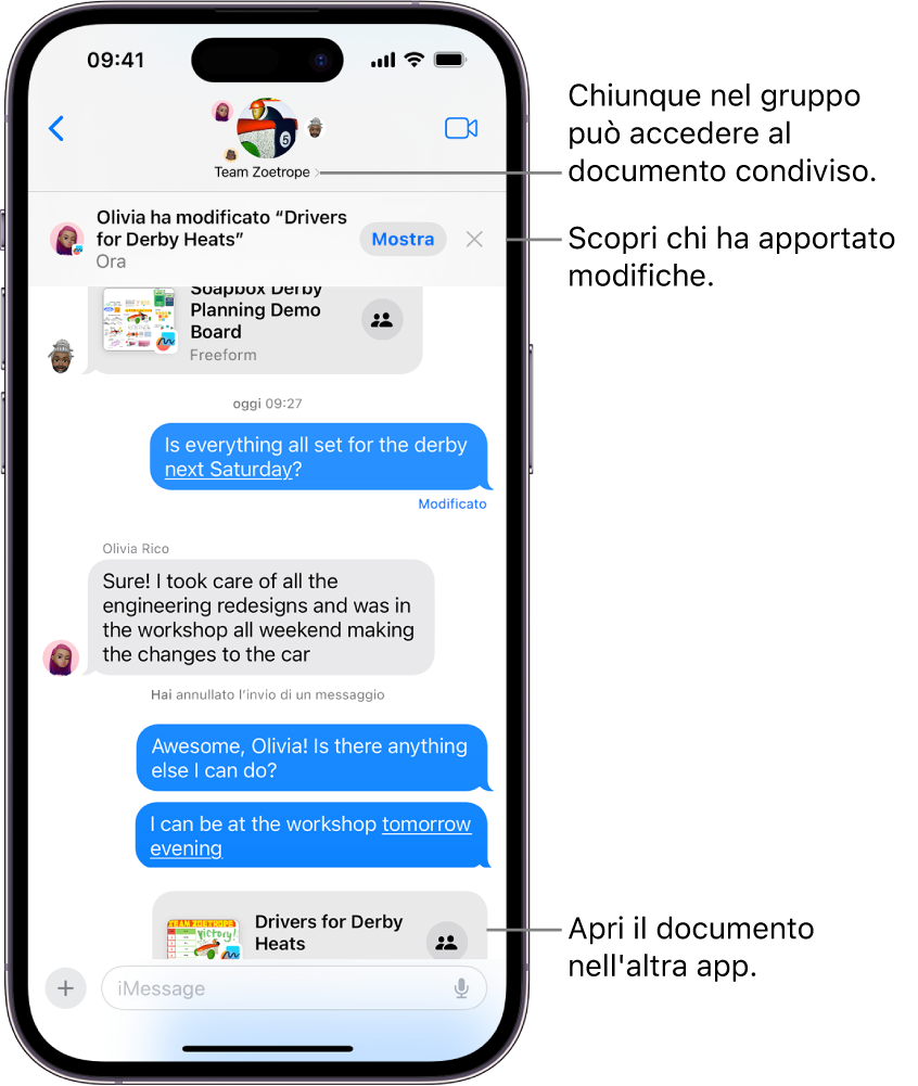 Una conversazione di gruppo in Messaggi che include un invito a collaborare e aggiornamenti nella parte superiore della finestra della conversazione.