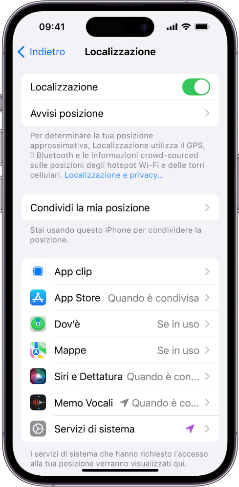 La schermata Localizzazione con le impostazioni per condividere la posizione di iPhone, incluse le impostazioni ad hoc per ciascuna app.