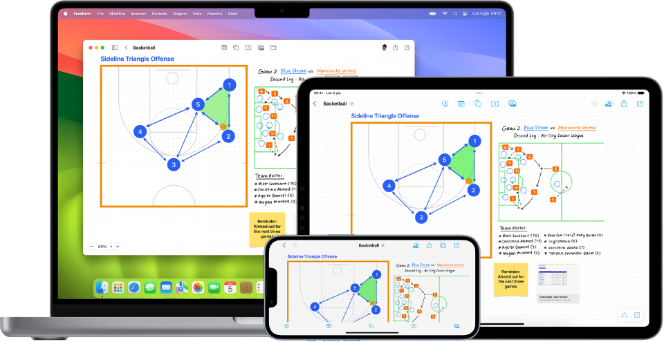 Un Mac, iPad e iPhone con l’app Freeform aperta.