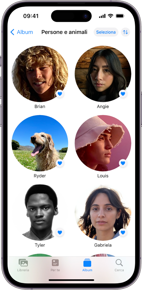 La schermata “Persone e animali” nell’app Foto. Nella parte inferiore dello schermo è selezionato il pannello Album.