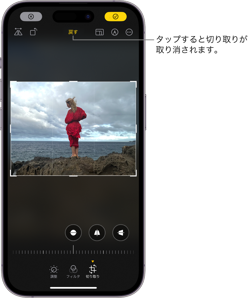 中央に写真が表示されている「編集」画面。画面の下部には、左から順に、「調整」、「フィルタ」、「切り取り」の各ボタンがあります。「切り取り」ボタンが選択され、幾何学的な調整を行うためのスライダがあります。「キャンセル」ボタンは画面の左上隅に、「完了」ボタンは画面の右上隅にあります。また、画面の一番上には、左から「反転」、「自動」、「アスペクト比」、「マークアップ」、「プラグイン」の各ボタンがあります。