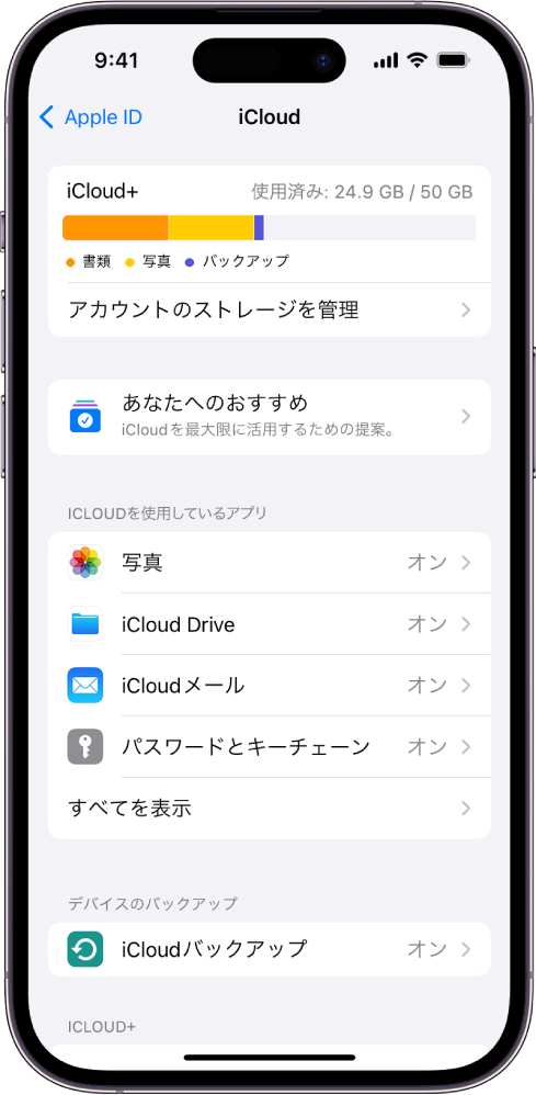 iCloud設定画面。iCloudストレージメーターと、「写真」、「iCloud Drive」、「iCloudメール」など、iCloudと連携するアプリと機能のリストが表示されています。