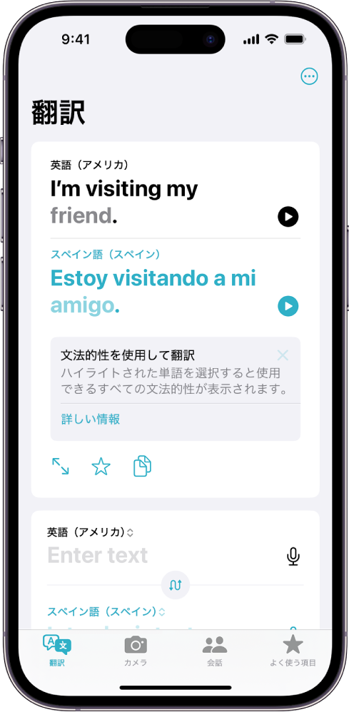 「翻訳」タブ。英語をスペイン語に翻訳したフレーズが表示されています。性による変化形のある単語は灰色で強調表示されます。