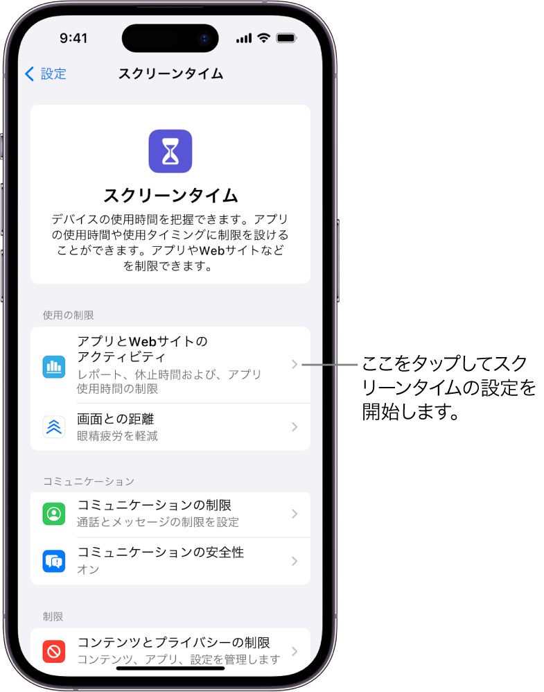 スクリーンタイムの設定画面。「アプリとWebサイトのアクティビティ」ボタンが表示されています。