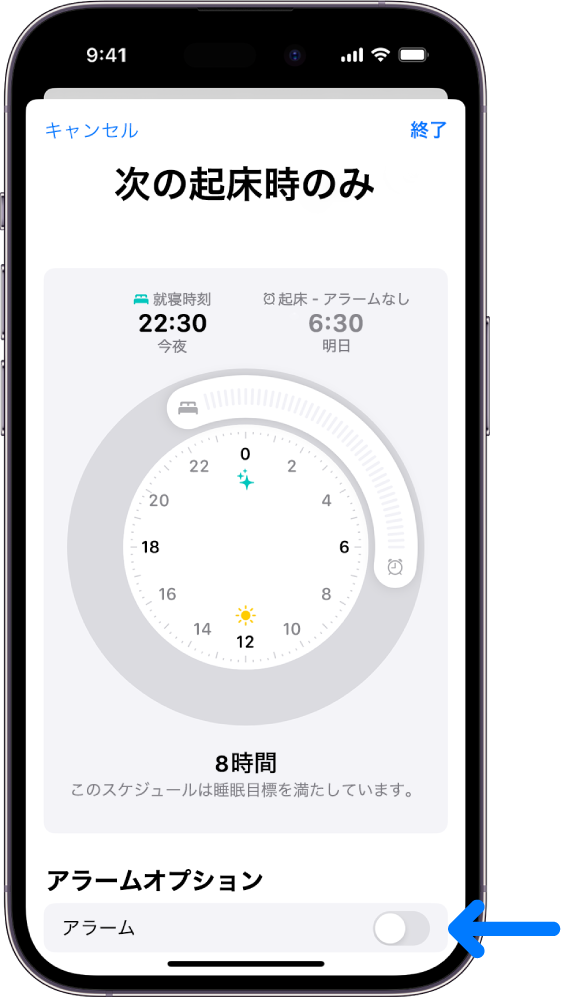 ヘルスケアの「次の起床時のみ」画面。下部で「アラーム」がオフになっています。