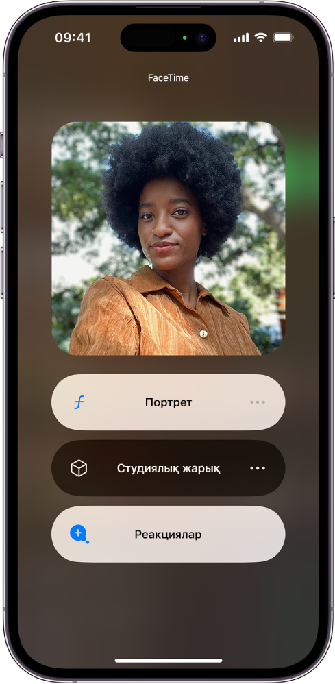 FaceTime қоңырауы кезіндегі Басқару орталығының Видео әсерлері реттеулері. «Портрет» режимі қосылып, қоңырау шалушының кескіні фоны бұлдыр, басты нысан анық көрінетін «Портрет» режиміндегі үлкейтілген тақтада көрсетіледі.