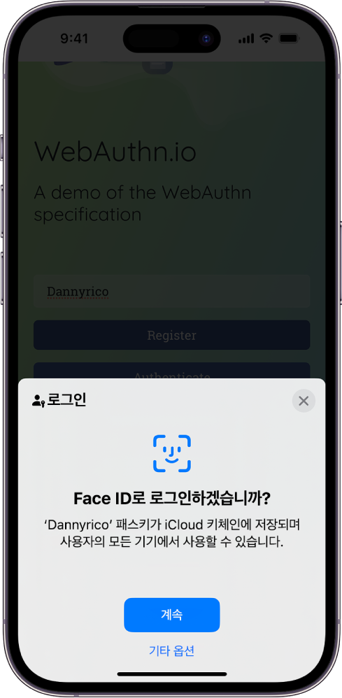 iPhone 화면의 하단에 패스키를 사용하여 웹 사이트에 로그인할 수 있는 옵션이 표시됨. 패스키를 저장할 수 있는 계속 버튼과 ‘기타 옵션’ 버튼이 있음.